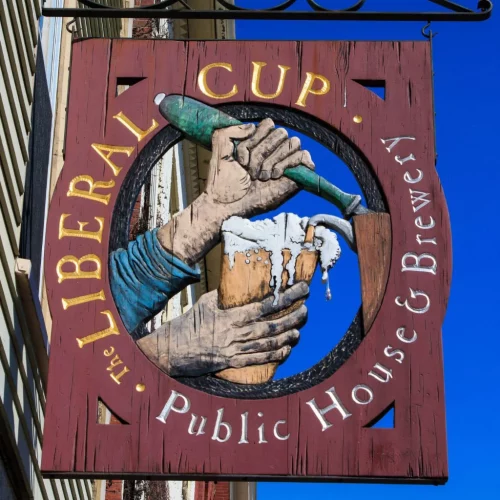 the liberal cup hallowell, me, carved wood and dimensional sign - by infinite signs